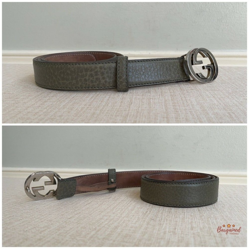Authentic GUCCI Greenish-Gray Leather Silver Interlocking G Buckle Belt 85/34 - Picture 9 of 13